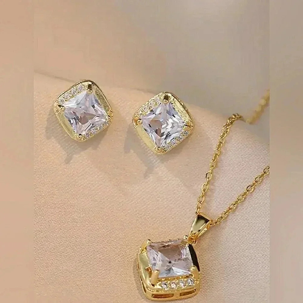 Earrings Necklace Set Square Cubic Zirconia Minimalist Gift Ready New